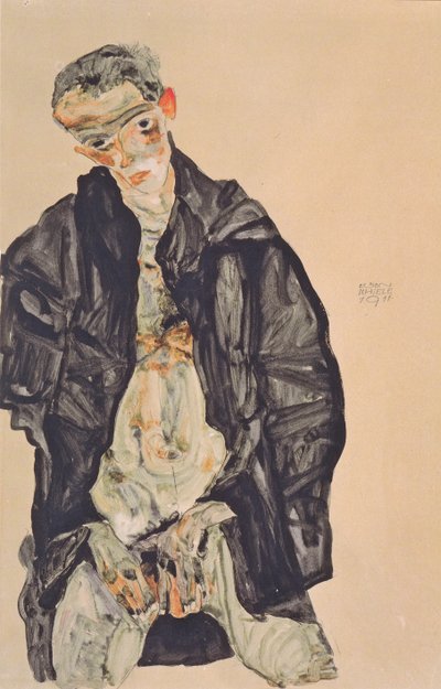 Self-Portrait as Half-Nude in Black Jacket by Egon Schiele